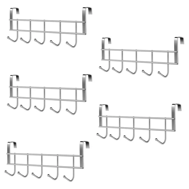 

5X Over The Door 5 Hooks Home Bathroom Organizer Rack Clothes Coat Hat Towel Hanger Stainless Steel Good Load-Bearing