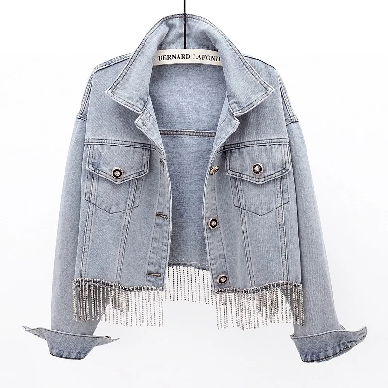 Vintage Light Blue Denim Jacket Women Diamonds Tassel Cowboy Outerwear Loose Short Pocket Long Sleeve Jeans Jacket Coat Female
Vintage Light Blue Denim Jacket Women Diamonds Tassel Cowboy Outerwear Loose Short Pocket Long Sleeve Jeans Jacket Coat Female