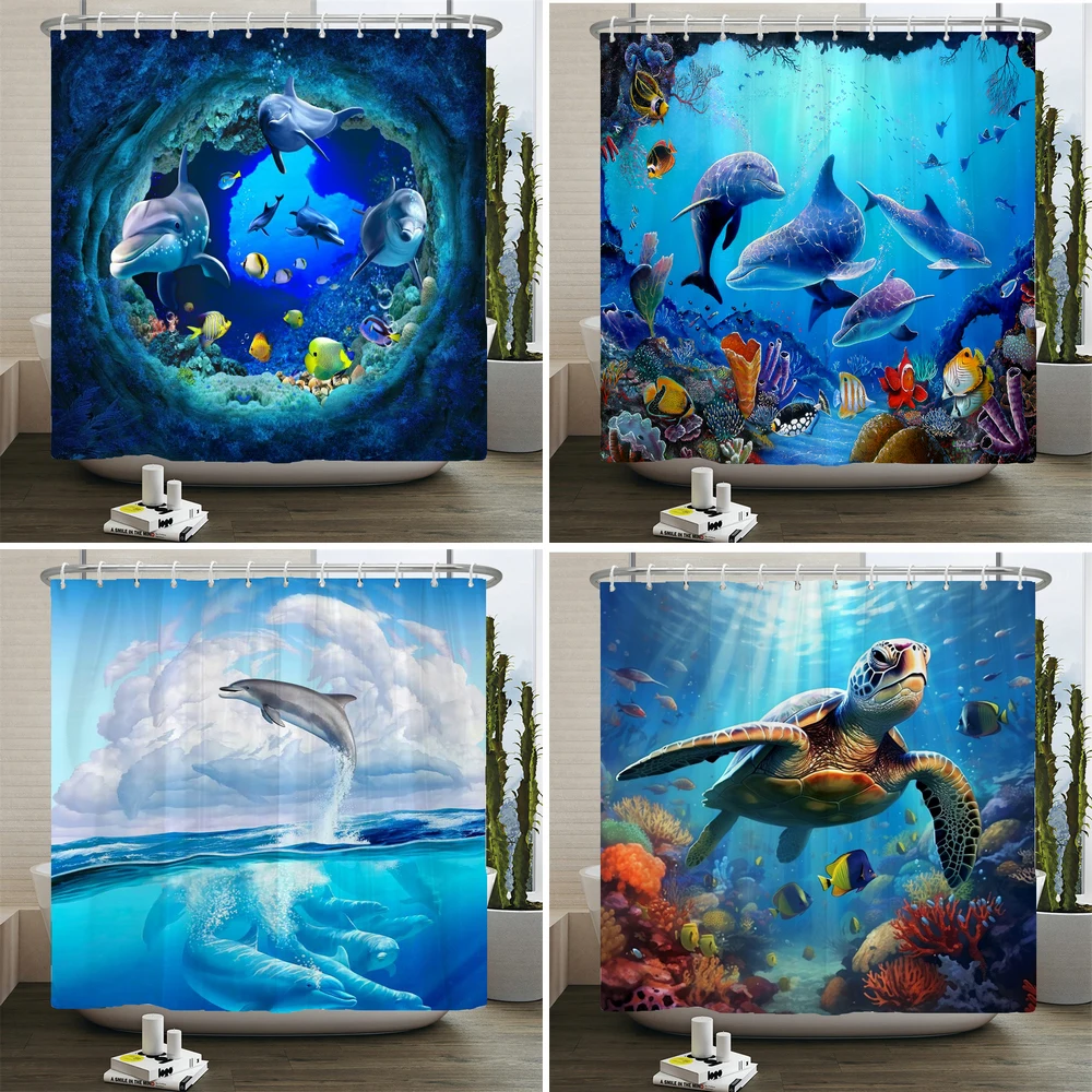 

Занавеска для душа с дельфином, синяя подводная Морская жизнь, ткань из полиэстера, детская морская тематика, набор украшений для ванной комнаты с 12 крючками