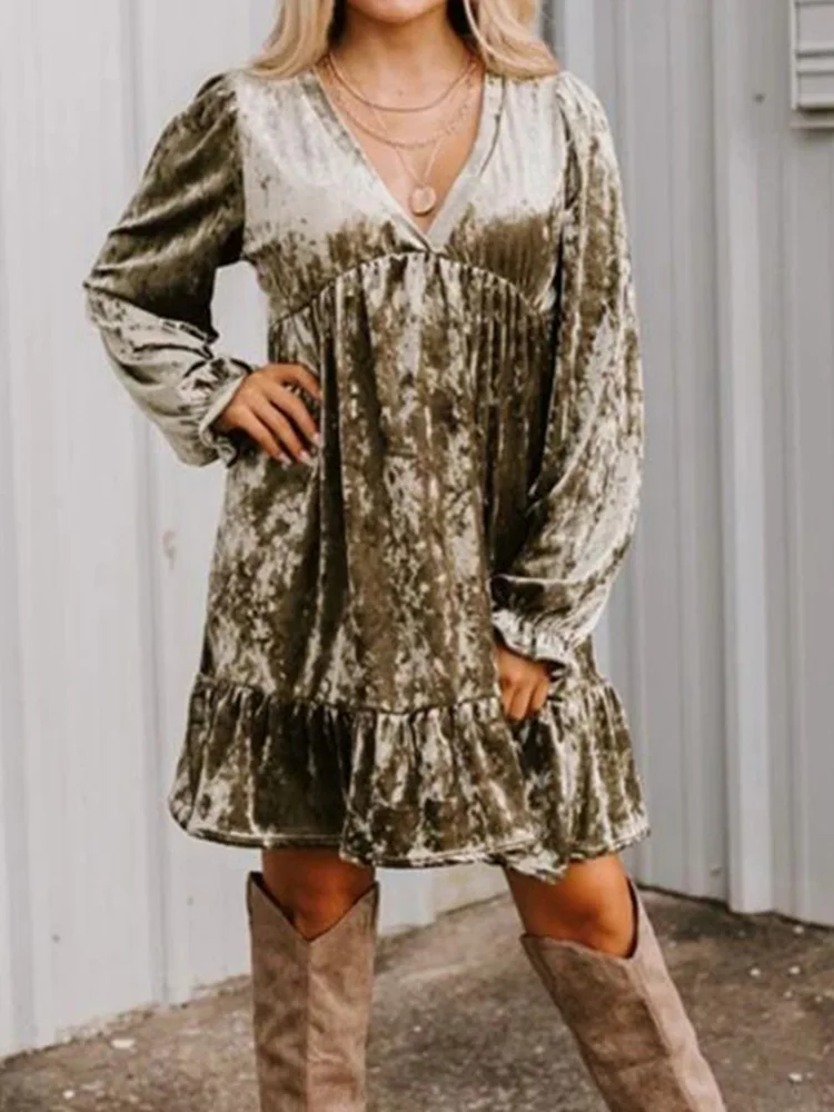 Свободное мини-платье со складками и глубоким V-образным вырезом, женская одежда для отдыха, простое платье из искусственной кожи, женское платье с рукавом-лепестком на осень и зиму, уличная одежда, 2023 
Свободное мини-платье со складками и глубоким V-образным вырезом, женская одежда для отдыха, простое платье из искусственной кожи, женское платье с рукавом-лепестком на осень и зиму, уличная одежда, 2023
