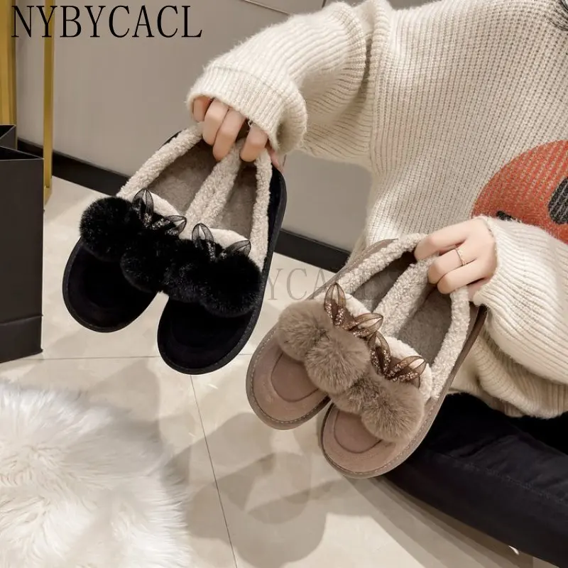 

Women Butterfly-Knot Fluffy Plush Flat Shoes 2022 Fashion Winter Warm Faux Fur Flock Loafers Slip On Shallow Luxury Moccasin New