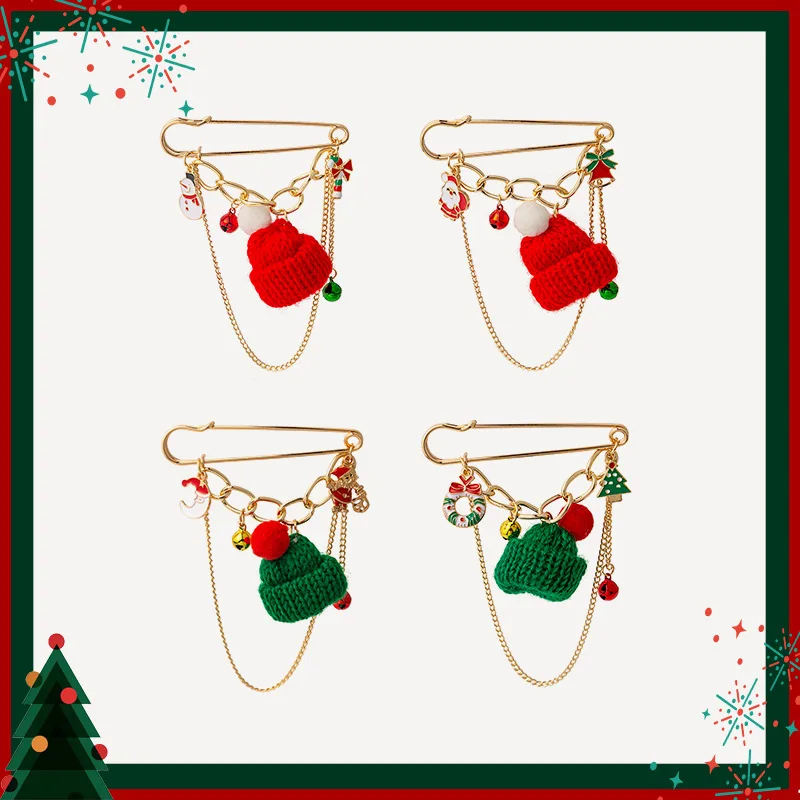 

New Year Gift Christmas Eve Chain Pins Back Stitch Exaggerated Hat Bell Snowman Santa Claus Tree Deer Creative Design Brooches