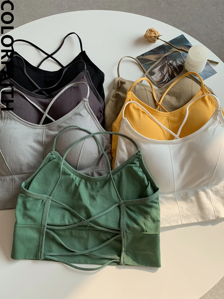 

Colorfaith New 2022 Tank & Camis Bottoming Bra Padding Sexy Backless Vests Elasticity Wild Women Autumn Winter Crop Tops V4004JM