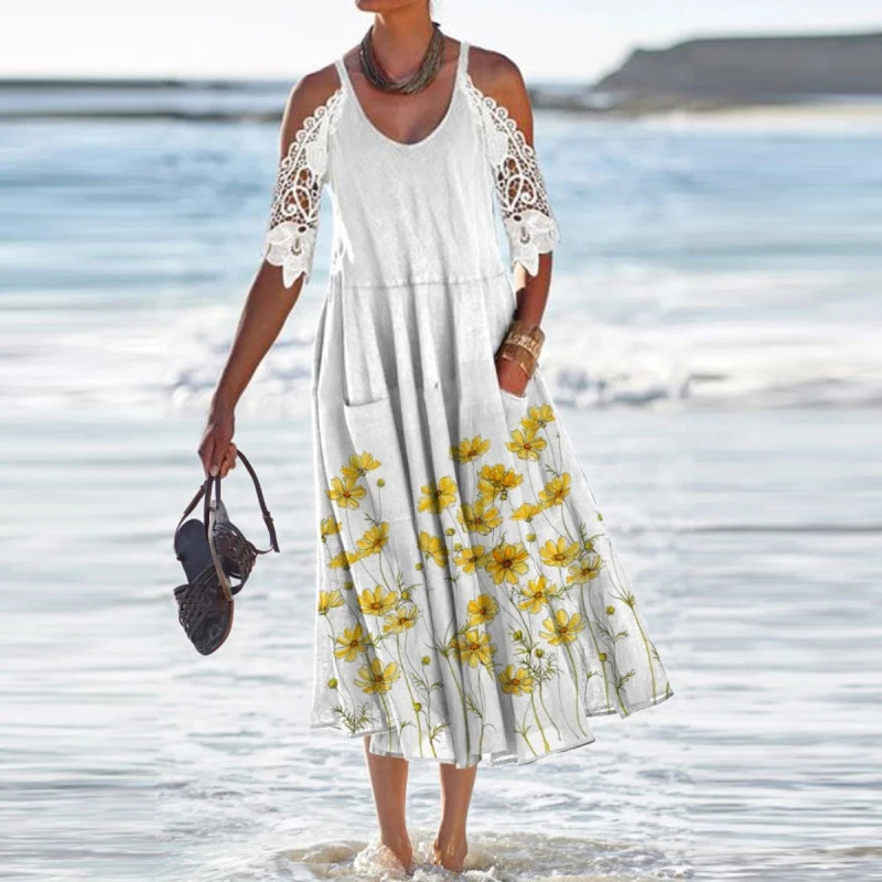 Sexy Lace Embroidered Short Sleeve Patchwork Dress Summer Hollow Off Shoulder Beach Print Dress Lady Casual Pleated Pocket Dress
Sexy Lace Embroidered Short Sleeve Patchwork Dress Summer Hollow Off Shoulder Beach Print Dress Lady Casual Pleated Pocket Dress