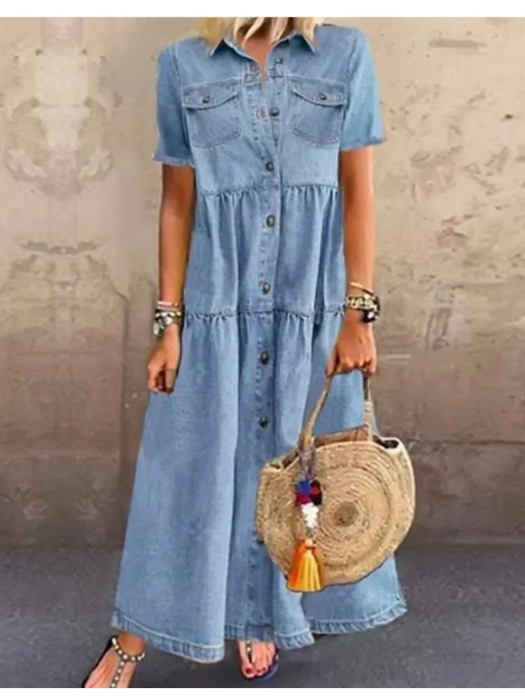 Vestidos De Mujer Summer Denim Long Dress for Women Turn-down Collar Dresses Female Loose Short Sleeve Pockets Cowboy Femme Robe
Vestidos De Mujer Summer Denim Long Dress for Women Turn-down Collar Dresses Female Loose Short Sleeve Pockets Cowboy Femme Robe