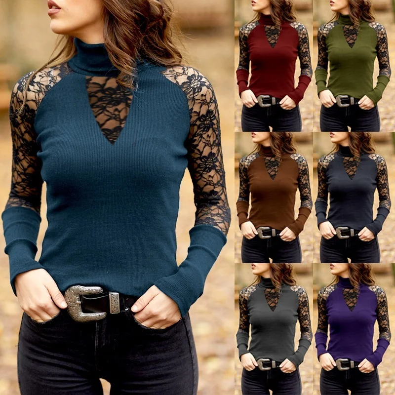 Women Fashion Spring Autumn Long Sleeve Turtle Neck Lace Patchwork Solid Color Slim Fit Casual Cotton Blouse Tops for Women
Women Fashion Spring Autumn Long Sleeve Turtle Neck Lace Patchwork Solid Color Slim Fit Casual Cotton Blouse Tops for Women