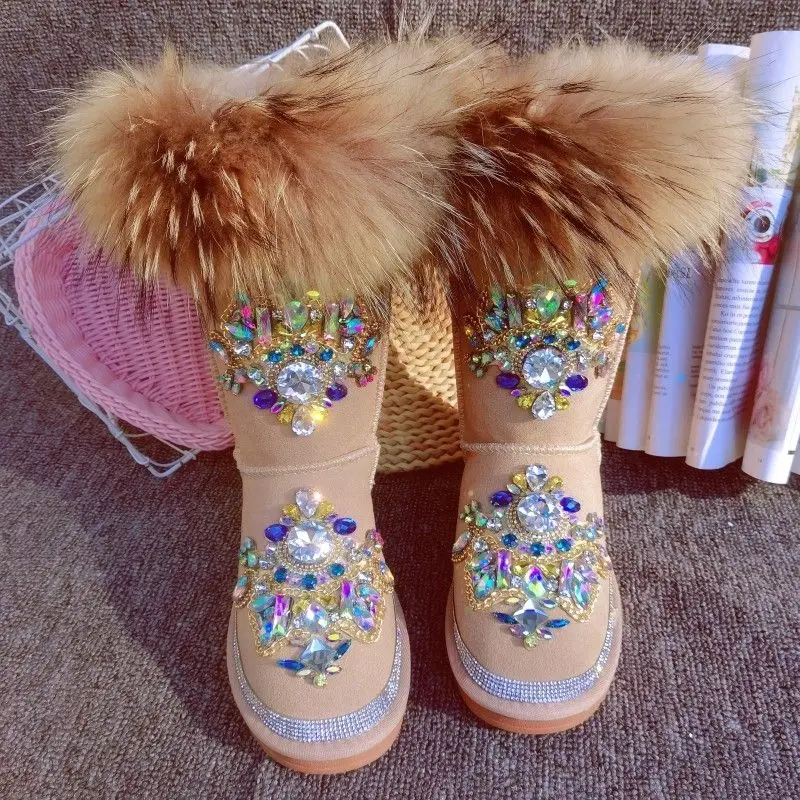Luxury Handmade Rhinestone Women High Tops Booties Real Raccoon Fur Genuine Leather Plush Warm Winter Flat Snow Boots Shoes
Luxury Handmade Rhinestone Women High Tops Booties Real Raccoon Fur Genuine Leather Plush Warm Winter Flat Snow Boots Shoes