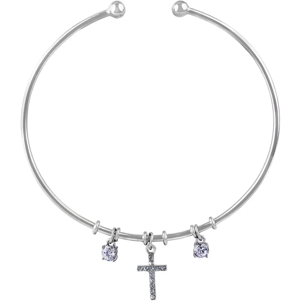 Clear Crystal Stone Sterling Silver Cuff Bracelet with a Pave Cross Drop and Two Setting Drops
Clear Crystal Stone Sterling Silver Cuff Bracelet with a Pave Cross Drop and Two Setting Drops