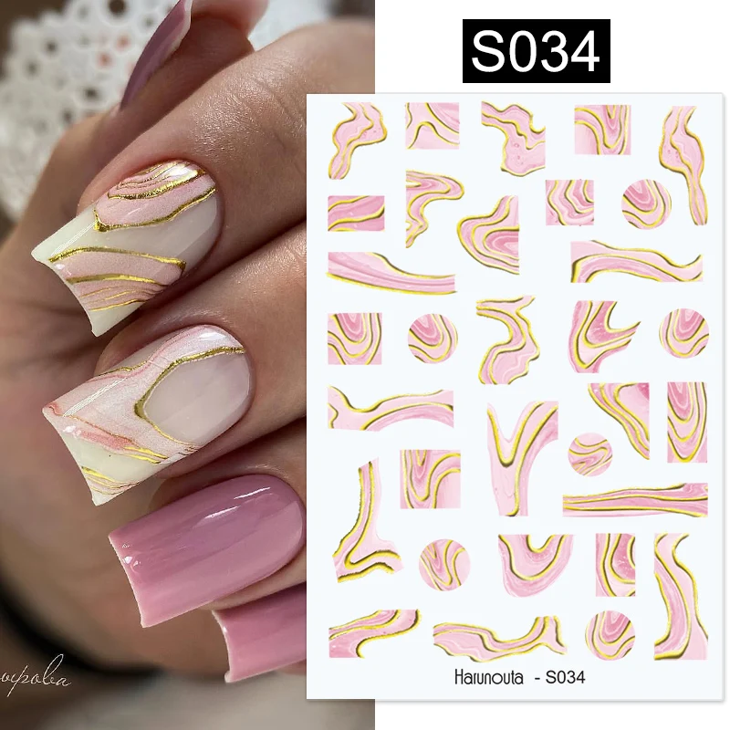 

Harunouta Geometric Lines Nails Stickers Pink Gold Bronzing Slider Design Abstract Marble Heart French Nail Decals Decoration