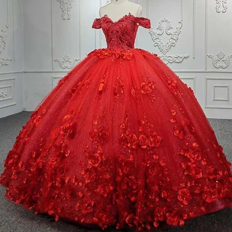Red Quinceanera Dresses Off The Shoulder Glitter Tulle Appliques 3D Flower Ball Gown Pageant Bitthday Party Gown Sweet Robes
Red Quinceanera Dresses Off The Shoulder Glitter Tulle Appliques 3D Flower Ball Gown Pageant Bitthday Party Gown Sweet Robes