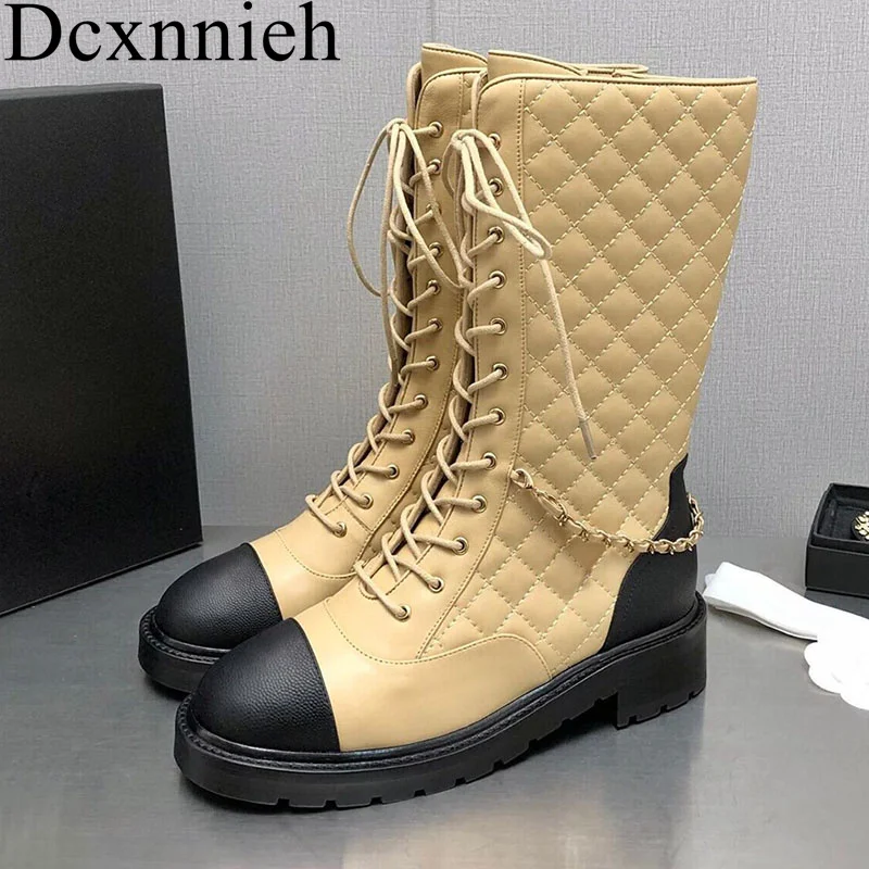 New Round head lace up genuine leather mid length boots for women's zippered boots spring and autumn chain decorative long boots
New Round head lace up genuine leather mid length boots for women's zippered boots spring and autumn chain decorative long boots