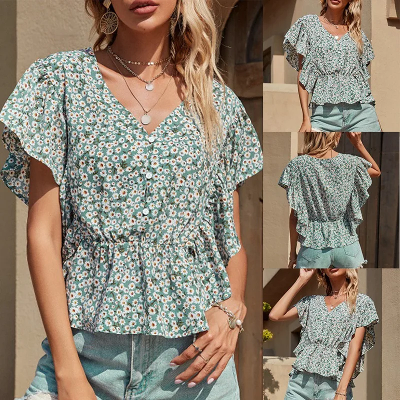 

ASDS-Элегантная блузка с цветочным принтом, женские летние пляжные топы, шикарная женская рубашка с коротким рукавом-бабочкой