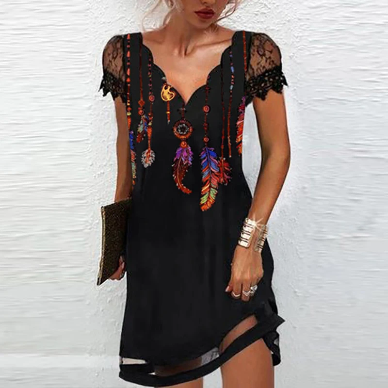 Women Elegant Dresses Summer V Neck Lace Short Sleeve Dress Sexy Printed Loose Female Black Party Vestidos |