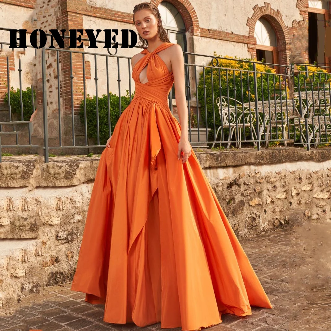 

Атласное платье-трапеция с лямкой на шее, оранжевое многослойное вечернее элегантное женское платье для свадебной вечеринки, простая модель 2022 года, платье для выпускного вечера