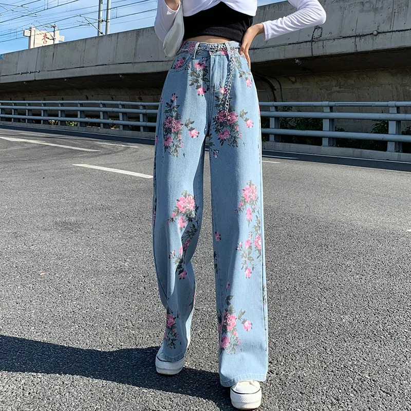 Sweet Spicy Girl Rose Floral Jeans Women Spring High Waist Drape Wide Leg Pant Vintage Straight Korean Blue Denim Pants 
Sweet Spicy Girl Rose Floral Jeans Women Spring High Waist Drape Wide Leg Pant Vintage Straight Korean Blue Denim Pants