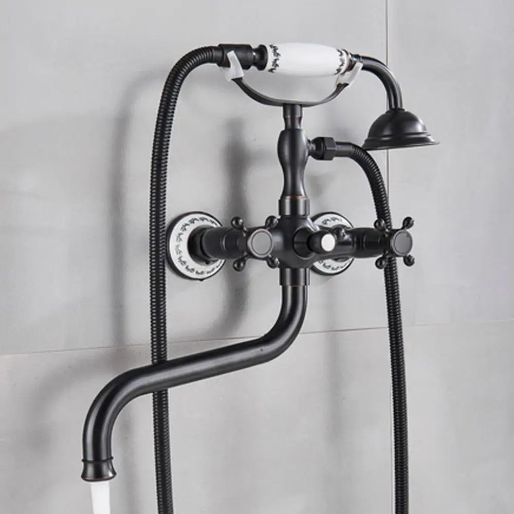 

Brass Antique Tub Faucet In Wall 30cm Long Spout Bathtub Mixer Tap Brass Rotate Long Nose Bath Shower Set Ceramic Handshower