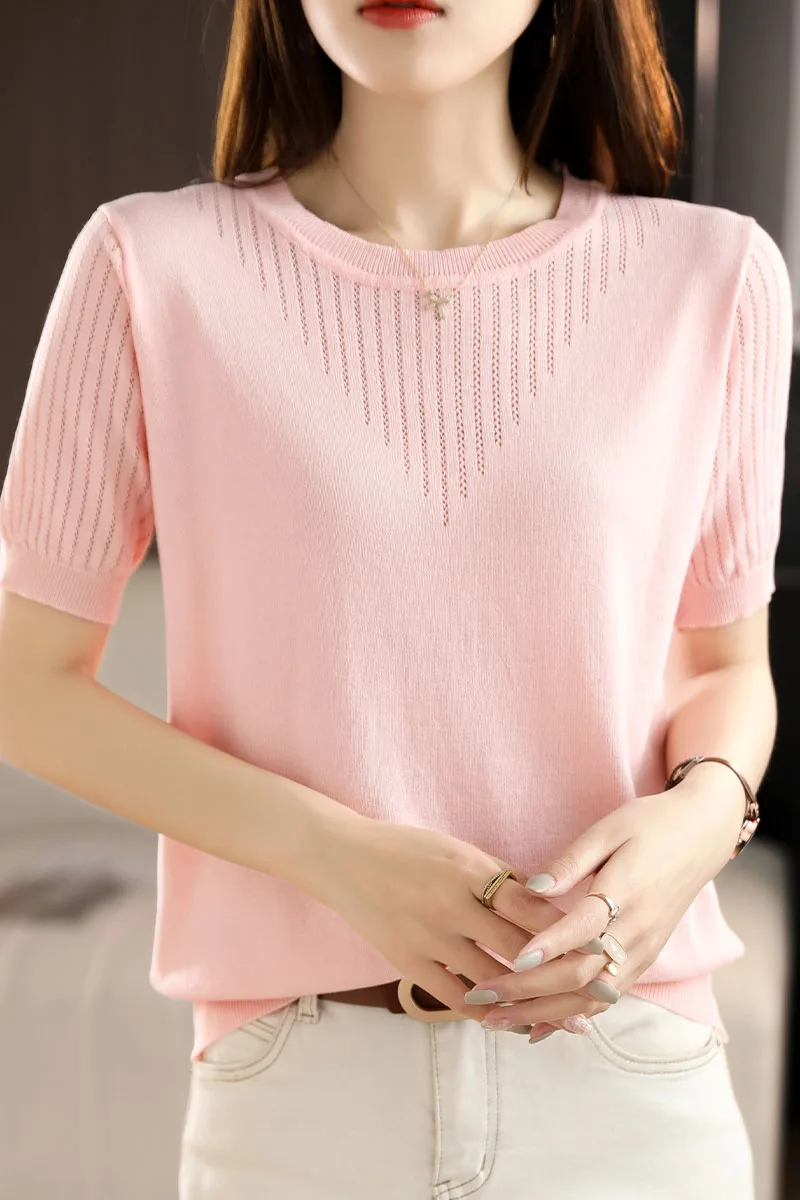 Woman's Tops Thin T-Shirt Jumper Female Pullover Short Sleeve O-Neck Blouse Summer Tee Ladies Sweater Mixed Knitted Elegant Tops
Woman's Tops Thin T-Shirt Jumper Female Pullover Short Sleeve O-Neck Blouse Summer Tee Ladies Sweater Mixed Knitted Elegant Tops