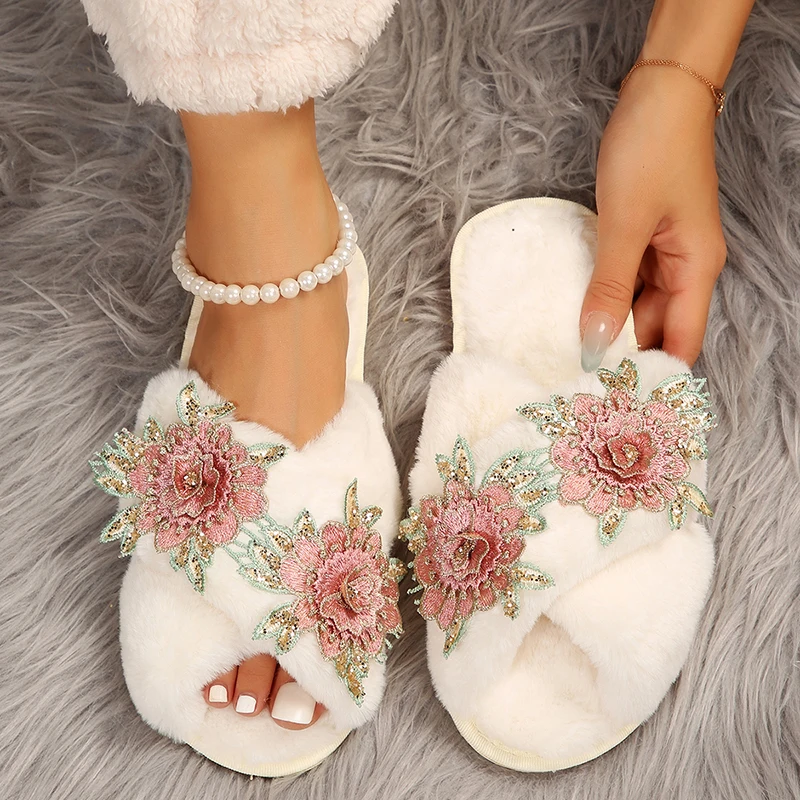 Crystal Flower Flat Heels Fur Slippers Women 2023 Autumn Winter Soft Home Fluffy Shoes Woman Warm Plush Cross Slides Flip Flops
Crystal Flower Flat Heels Fur Slippers Women 2023 Autumn Winter Soft Home Fluffy Shoes Woman Warm Plush Cross Slides Flip Flops