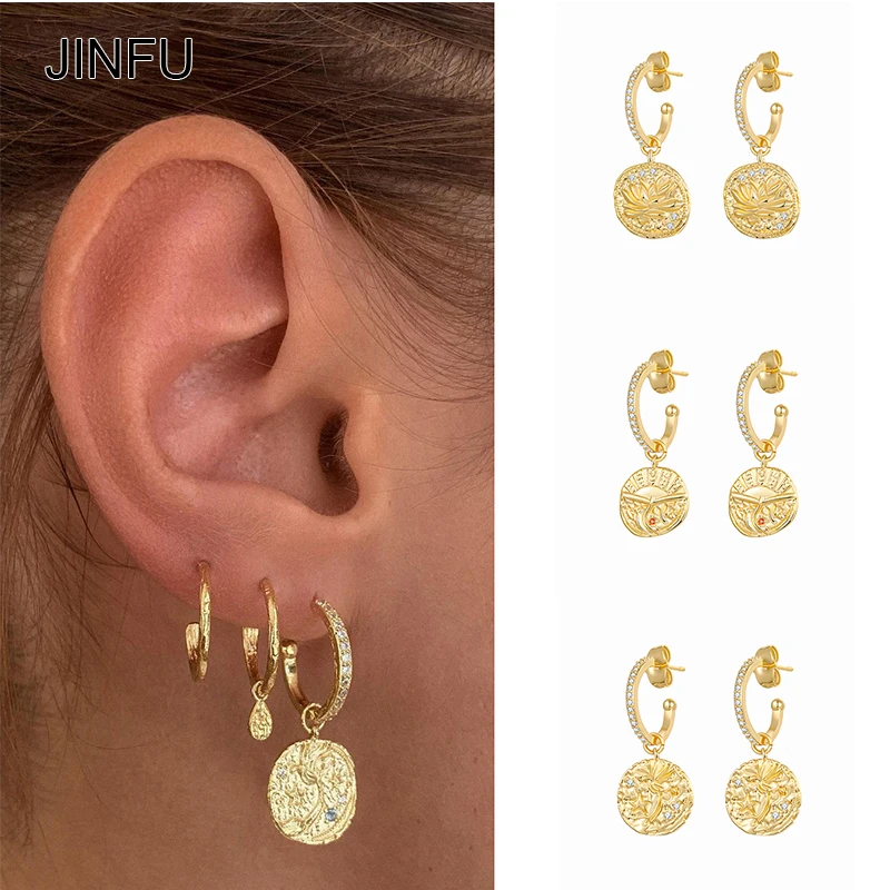 JINFU Cubic Zircon Drop Earrings for Women Boho Style Patterned Gold Silver Plated Coin Stud Earring 2022 Fashion Jewelry
JINFU Cubic Zircon Drop Earrings for Women Boho Style Patterned Gold Silver Plated Coin Stud Earring 2022 Fashion Jewelry