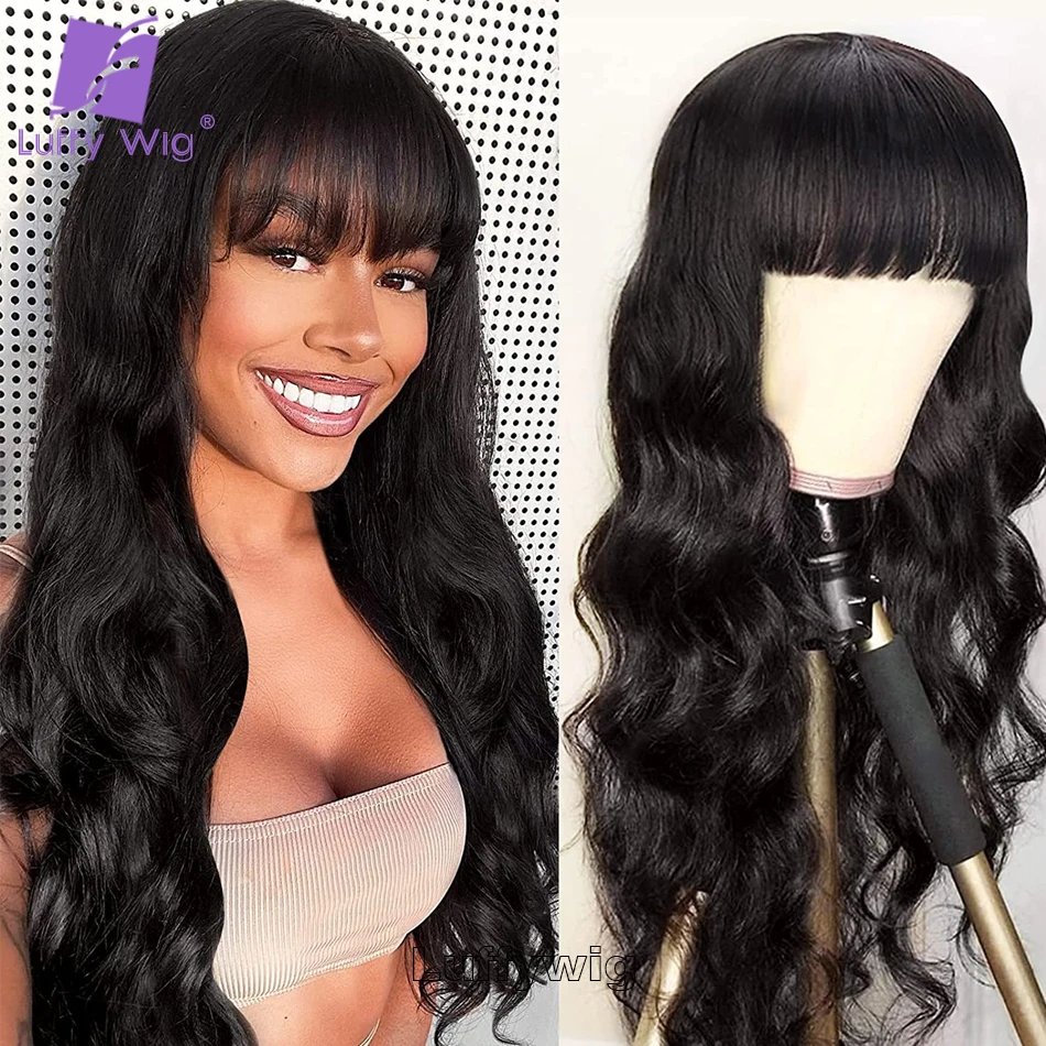 

Body Wave Human Hair Wigs With Bangs O Scalp Top Full Machine Made Wig Glueless Remy Brazilian Wavy Bang Wig for Black Women