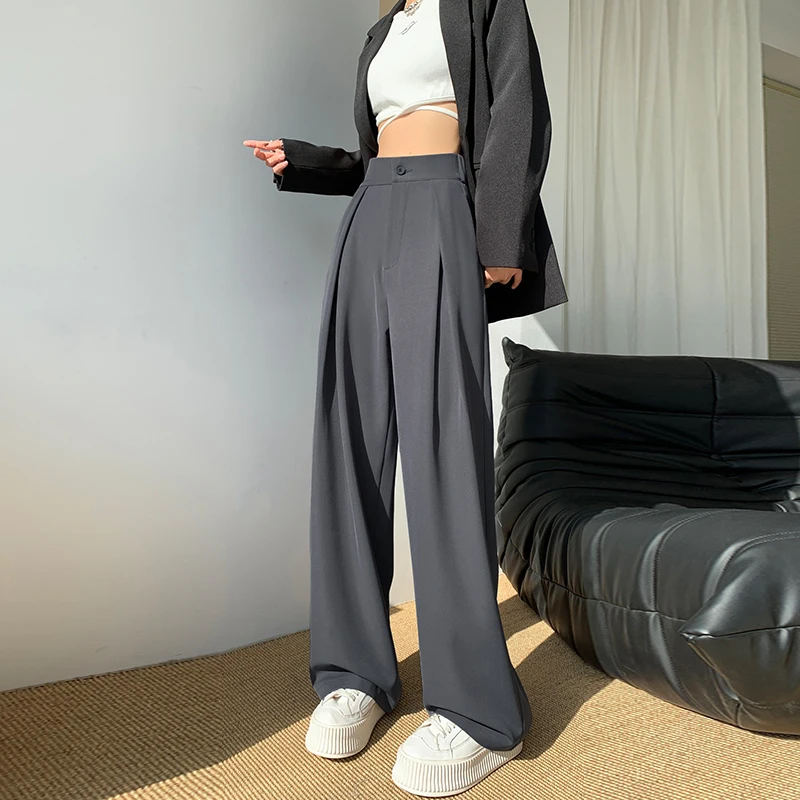 Брюки женские с широкими штанинами, Свободные повседневные однотонные офисные прямые штаны с завышенной талией в Корейском стиле, весна-ле... 
Брюки женские с широкими штанинами, Свободные повседневные однотонные офисные прямые штаны с завышенной талией в Корейском стиле, весна-ле...