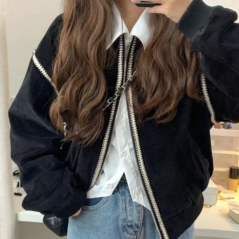 Women Harajuku Baseball Jacket Oversized Elegant Black Cropped Coat Fall Korean Casual Female Zipper O Neck Fashion Outwear
Women Harajuku Baseball Jacket Oversized Elegant Black Cropped Coat Fall Korean Casual Female Zipper O Neck Fashion Outwear