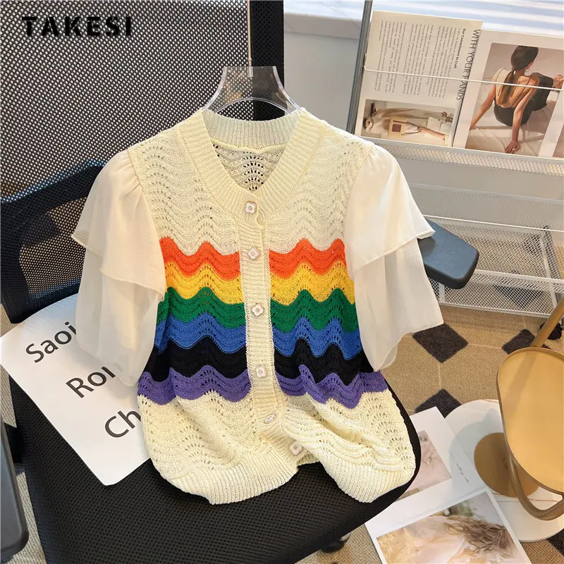 Женский трикотажный кардиган с коротким рукавом, повседневный Радужный свитер составного кроя с V-образным вырезом, Модные Повседневные пу... 
Женский трикотажный кардиган с коротким рукавом, повседневный Радужный свитер составного кроя с V-образным вырезом, Модные Повседневные пу...