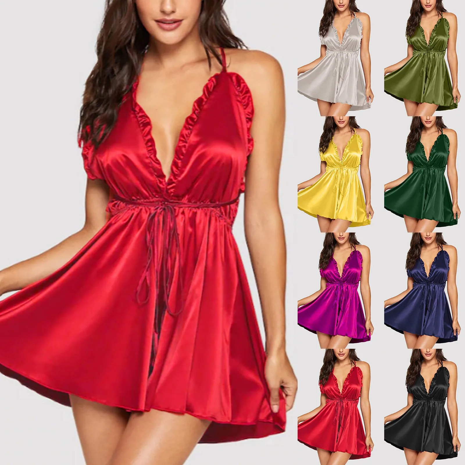 Women's Silk Satin Pajamas Sexy Halter Lace Up Underwear Sweet Girl Nightgown Thermal Underwear
Women's Silk Satin Pajamas Sexy Halter Lace Up Underwear Sweet Girl Nightgown Thermal Underwear