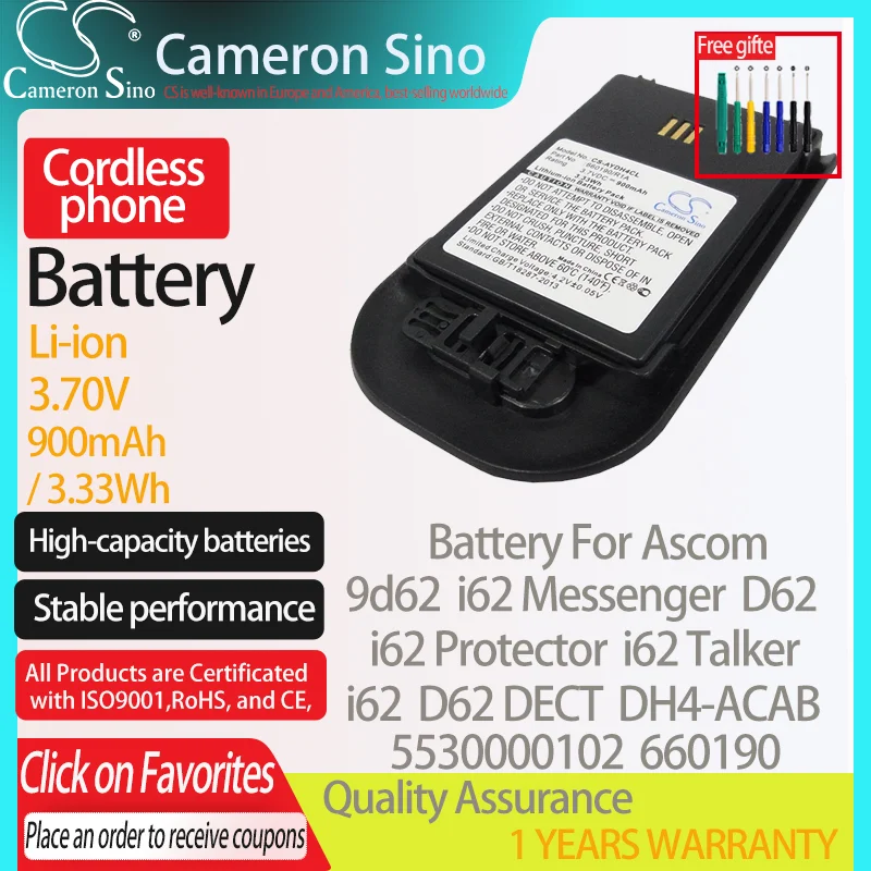 

CameronSino Battery for Ascom 9d62 i62 Messenger i62 Protector i62 Talker D62 DECT fits Avaya 660190/R1A Cordless phone Battery