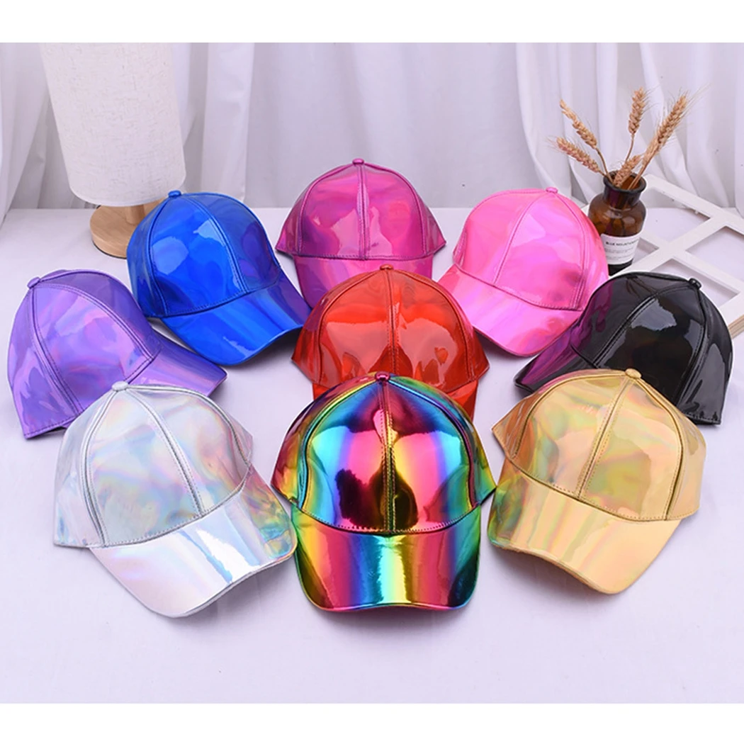 

1Pc Women Men Faux Leather Baseball Cap Glitter Metallic Holographic Rainbow Reflective Hip Hop Adjustable Strapback Peaked Hat