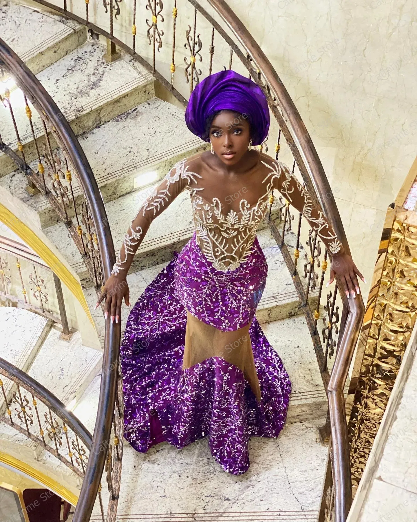 Aso Ebi Sheer Neckline Appliques Evening Dress For Africa Women Shiny Purple Sequins Lace Up Mermaid Formal Gowns Sweep Train
Aso Ebi Sheer Neckline Appliques Evening Dress For Africa Women Shiny Purple Sequins Lace Up Mermaid Formal Gowns Sweep Train