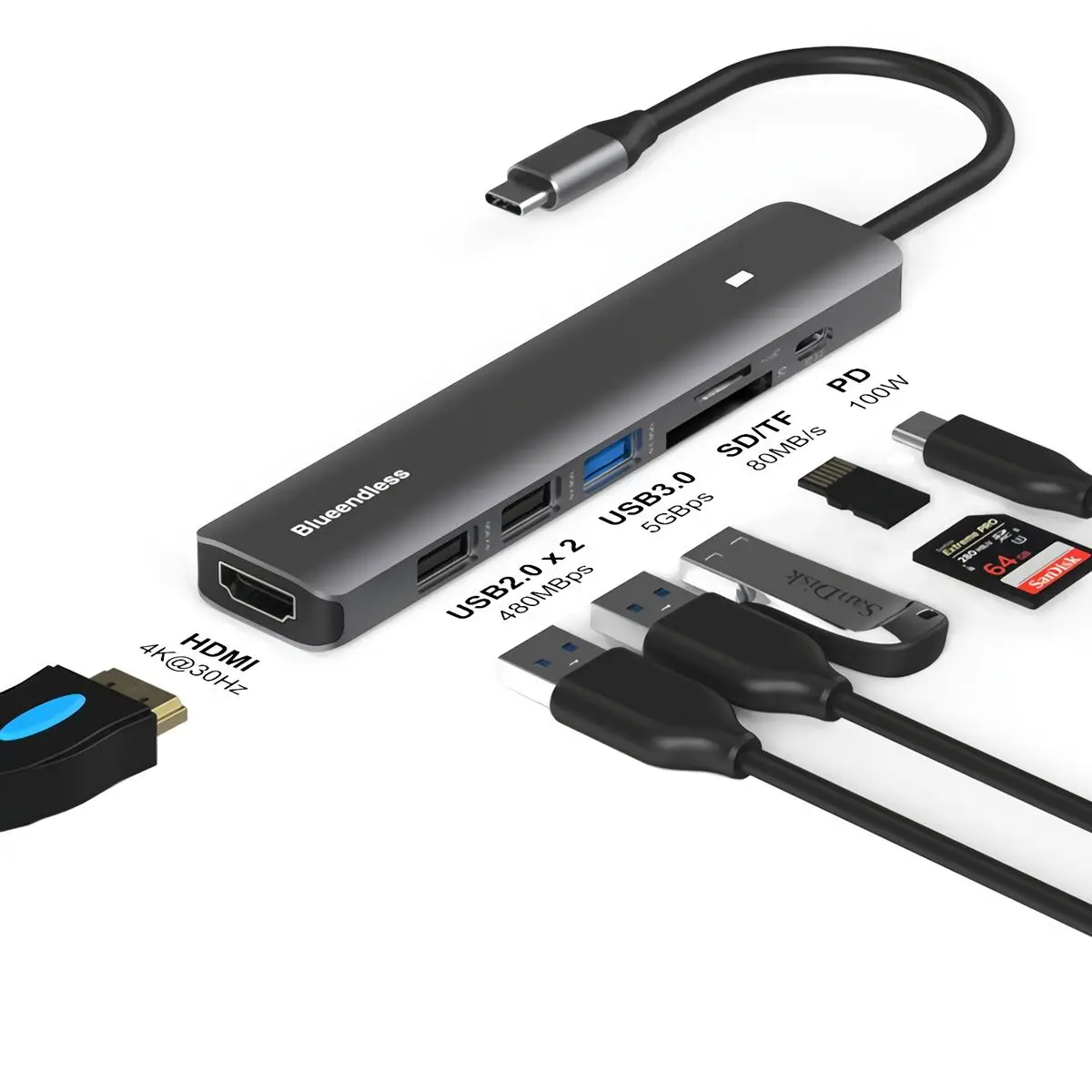7 in 1 Hub Docking Station Type-C Adapter 4K USB Hub with HDMI-compatible+PD+USB3.0+USB2.0*2+SD+TF for Matebook PC Laptop
7 in 1 Hub Docking Station Type-C Adapter 4K USB Hub with HDMI-compatible+PD+USB3.0+USB2.0*2+SD+TF for Matebook PC Laptop