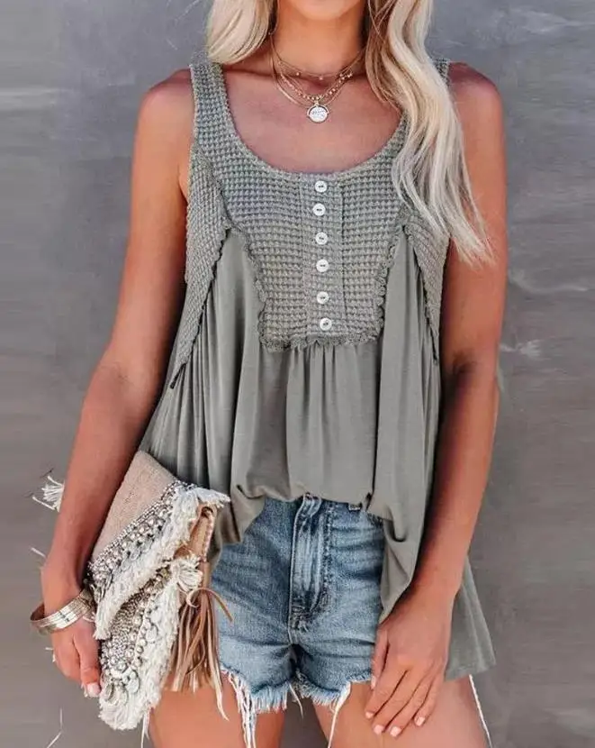 New Fashion 2023 Casual Summer U-Neck Sleeveless Patchwork Button Front Ruched Detail Flowy Tank Top Vacation
New Fashion 2023 Casual Summer U-Neck Sleeveless Patchwork Button Front Ruched Detail Flowy Tank Top Vacation