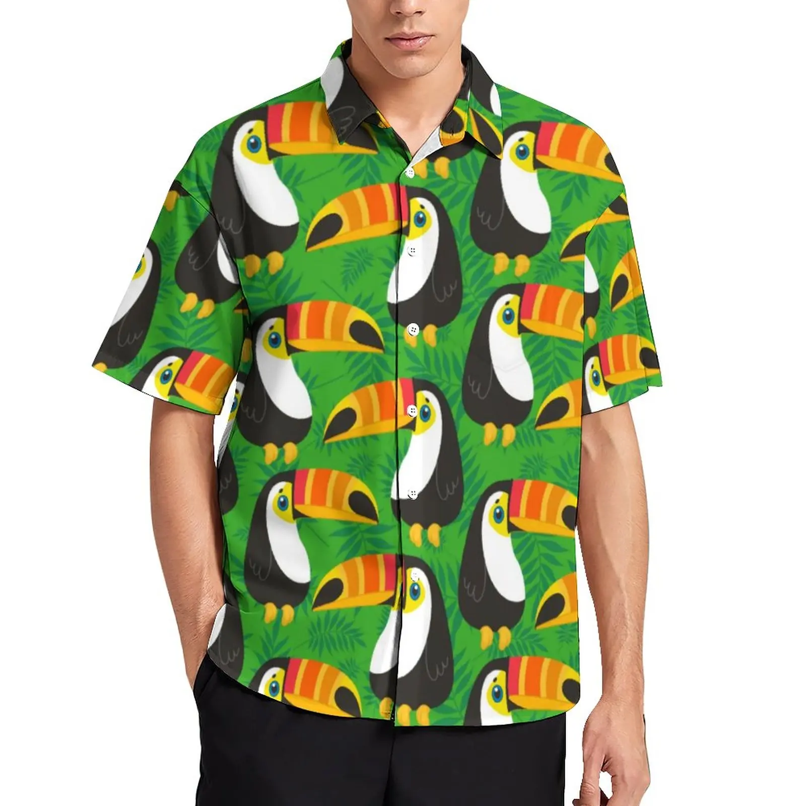 

Toucan Birds Blouses Male Green Leaves Tropical Casual Shirts Hawaiian Short-Sleeve Design Fashion Oversized Vacation Shirt Gift