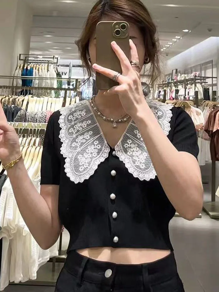 2022 summer new French sweet lace short short sleeve stitching knitted top women
2022 summer new French sweet lace short short sleeve stitching knitted top women