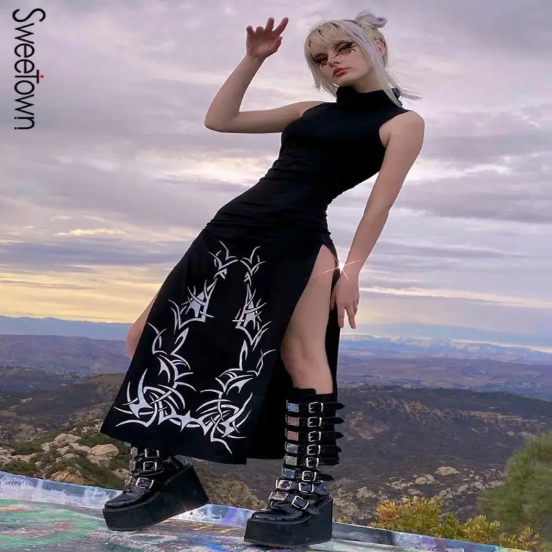 Sweetown Black Off Shoulder Turtleneck Bodycon Goth Dress Dark Academic Aesthetic Girl Clothes High Split Sexy Party Dresses
Sweetown Black Off Shoulder Turtleneck Bodycon Goth Dress Dark Academic Aesthetic Girl Clothes High Split Sexy Party Dresses