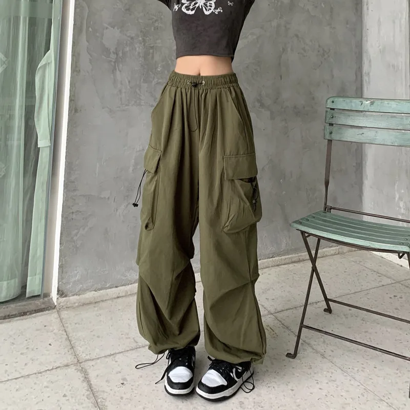

Брюки-карго женские с завышенной талией, уличные мешковатые штаны с широкими штанинами, на завязках, винтажные модные брюки в Корейском стиле 90-х с карманами