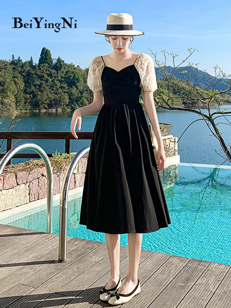 Beiyingni Dress Women Black Lace Patchwork Korean Style Puff Sleeve A-line Midi Dresses Elegant French Sexy Backless Robe Cloth
Beiyingni Dress Women Black Lace Patchwork Korean Style Puff Sleeve A-line Midi Dresses Elegant French Sexy Backless Robe Cloth