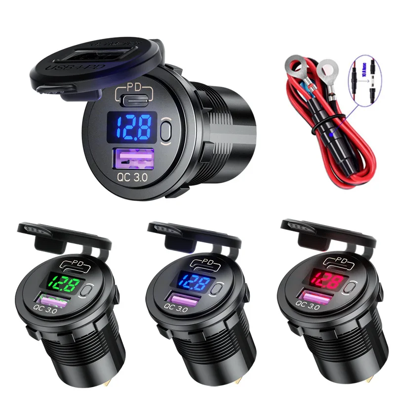 

48W Type C Car USB Charger Socket 12V/24V QC3.0 & PD3.0 Dual USB Outlet with Switch for Car Marine Motorcycle