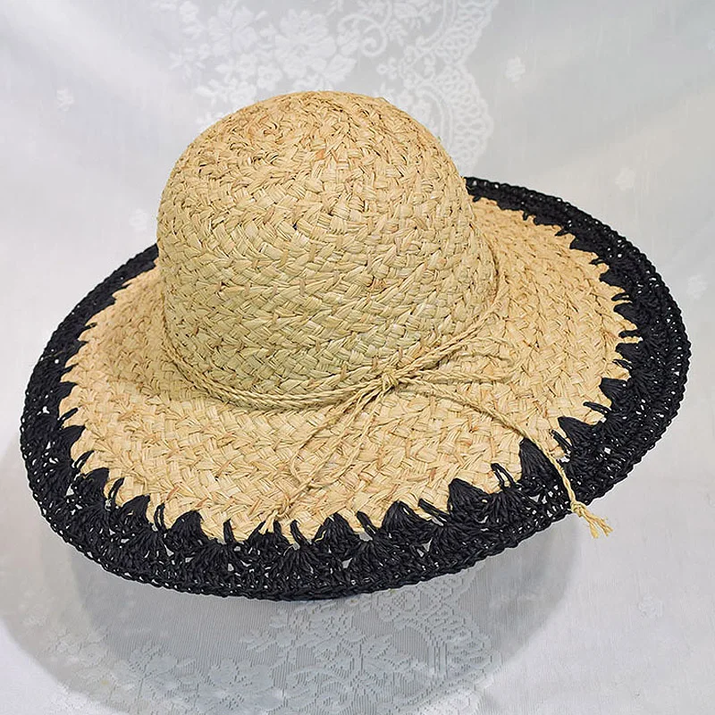 

Wide Brim Sun Hats for Women Beach Summer Hats Crocheted Natural Raffia Straw Hats with Two Tones Patchwork Derby Vacation Hat