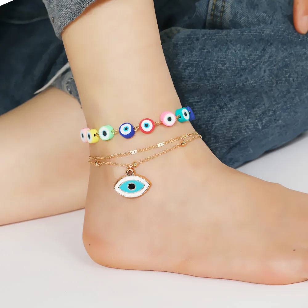 

S2912 Fashion Jewelry Multi-layer Colorful Evil Eye Beaded Anklet Enamel Blue Eye Pendant Chain Anklets Set 2pcs/set