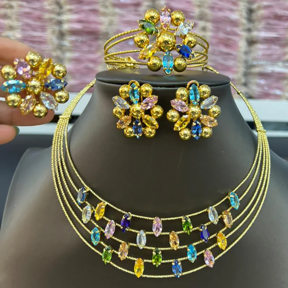 

Dubai Fashion Jewelry Sets Elegant Women Gold Color Crystal Necklace Bracelet Party Earrings Ring Luxury Bridal Shine Jewelry