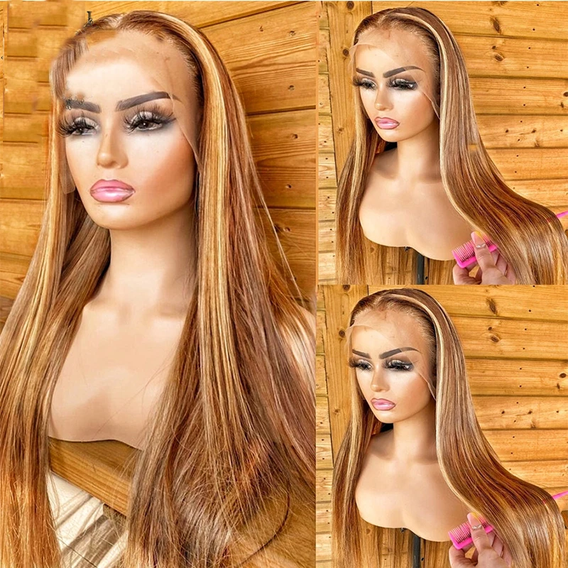 

Silky Straight Ombre Blonde Glueless Soft Preplucked 26 inch Long Lace Front Wigs For African Black Women Babyhair Daliy Wear