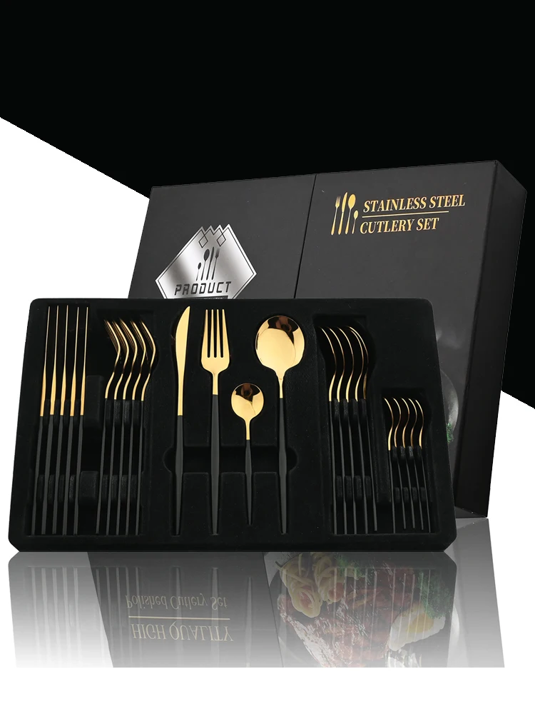 24Pcs Black Handle Golden Cutlery Set Stainless Steel Knife Fork Spoon Tableware Flatware Set Festival Kitchen Dinnerware Gift 24Pcs Black Handle Golden Cutlery Set Stainless Steel Knife Fork Spoon Tableware Flatware Set Festival Kitchen Dinnerware Gift