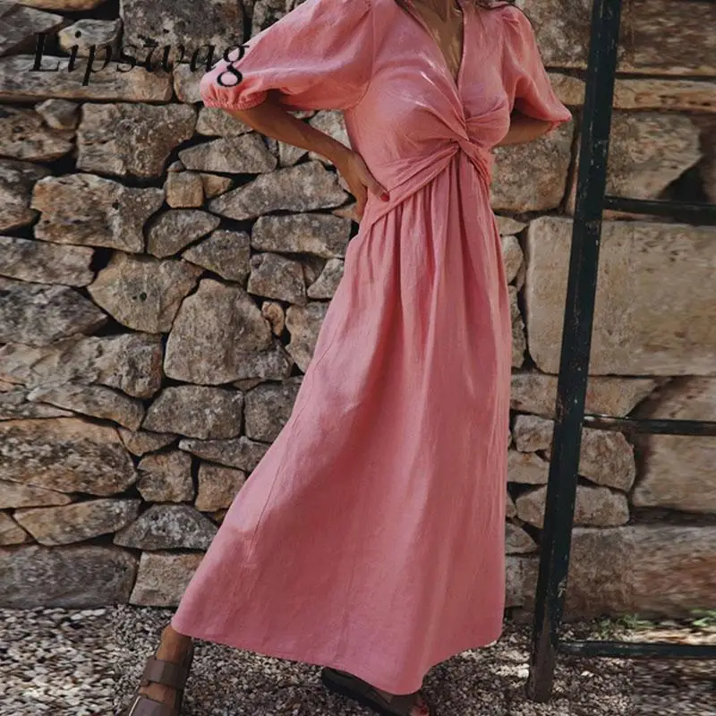 

Женское длинное платье в стиле бохо, элегантное однотонное модное Плиссированное Платье с V-образным вырезом спереди, привлекательное хлопковое льняное пляжное платье с рукавом до локтя, 2023