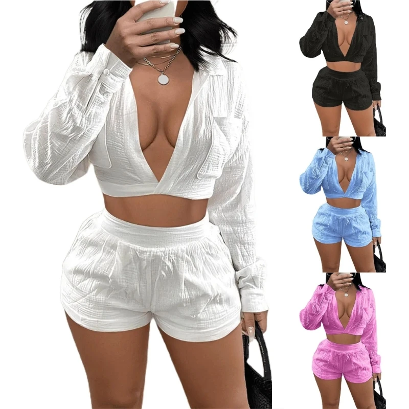 New style Summer Womens 2 Pieces Set V-neck Long Sleeve Shirt And Shorts Summer Casual Set
New style Summer Womens 2 Pieces Set V-neck Long Sleeve Shirt And Shorts Summer Casual Set