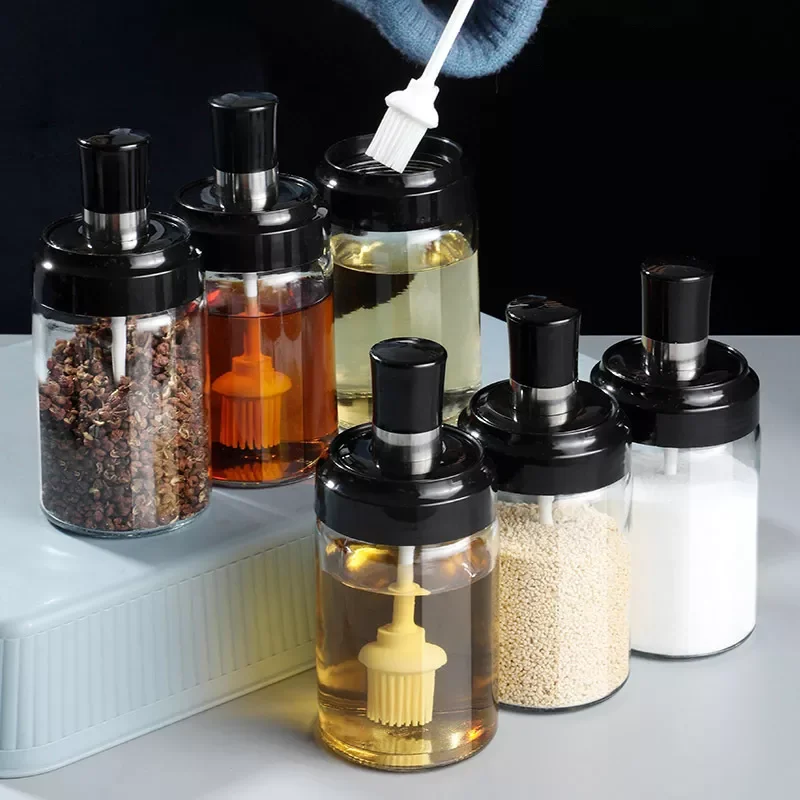 

Glass Condiment Bottles Kitchen Spice Kit Bottles Pepper Spoon Box Seasoning Jars Oil Brush Honey Household Food Set Storage