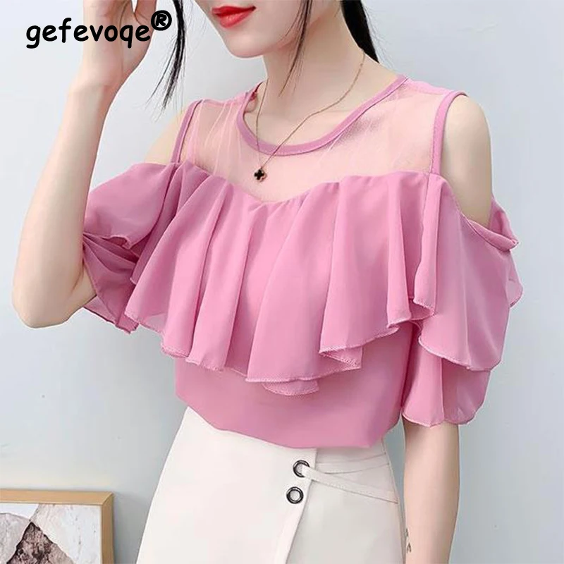 Summer Elegant Fashion Lace Patchwork Ruffles Chiffon Shirt Ladies Off Shoulder Short Sleeve Casual Top All-match Blouse Women
Summer Elegant Fashion Lace Patchwork Ruffles Chiffon Shirt Ladies Off Shoulder Short Sleeve Casual Top All-match Blouse Women