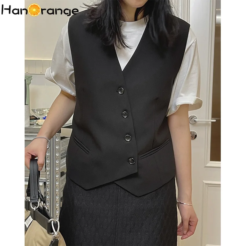 

HanOrange Early Spring Oblique Placket Suit Vest Women Fashionable Retro Loose Profile Casual Short Sleeveless Jacket Female