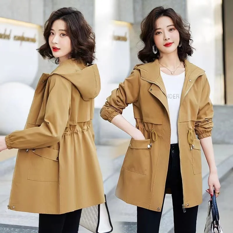 

Spring Kahki Hooded Mid-lengtht Trench Coat For Women Casual Windbreaker Jacket Korean Outwear Loose Gabardina Classic Overcoat